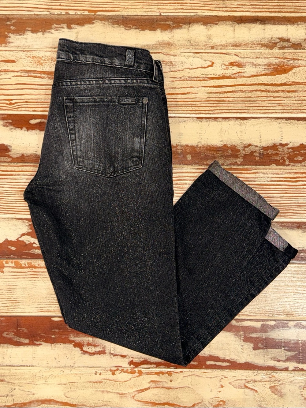 7 For All Mankind Sz 26 Black Silver Metallic Shimmer Glitter Straight Jeans